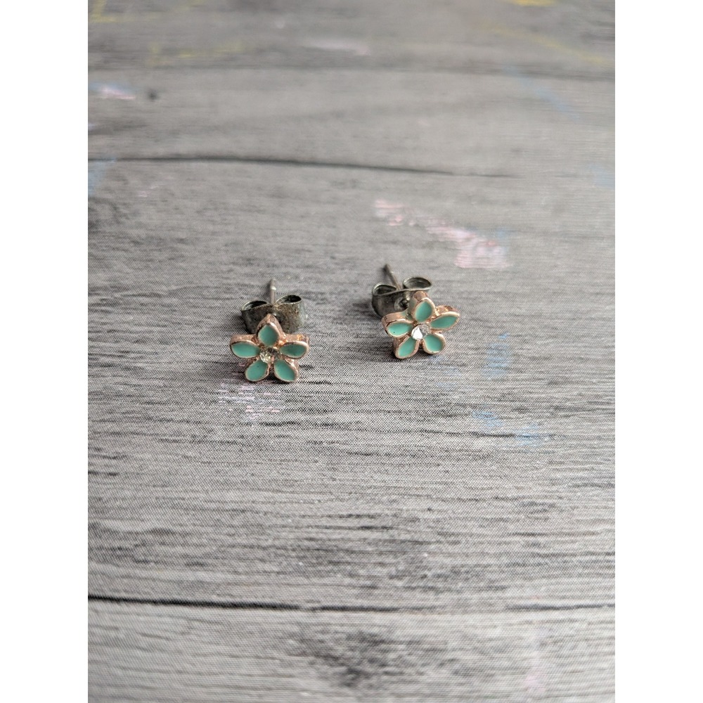 Floral Stud Earrings Mint Green Enamel Rhinestone Rose Gold Tone Flower Jewelry